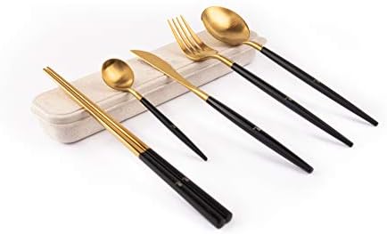 Tacâmuri Oyizer Gold, 5 bucăți 18/10 tacâmuri din oțel inoxidabil argintărie Mâner negru mat, inclusiv lingură de cină linguriță