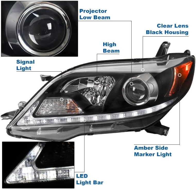ZMAUTOPARTS LED tub negru proiector faruri faruri pentru 2015-2019 Toyota Sienna SE / Limited