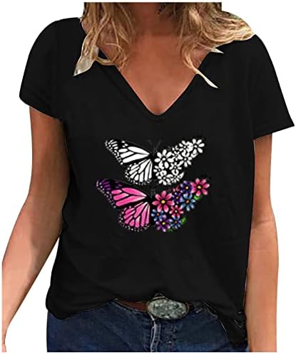 Bluză de Vară Toamnă Femei Cu mânecă scurtă 2023 Bumbac la modă cu gât în V Grafic Lounge bluză Loose Fit tricou pentru fete