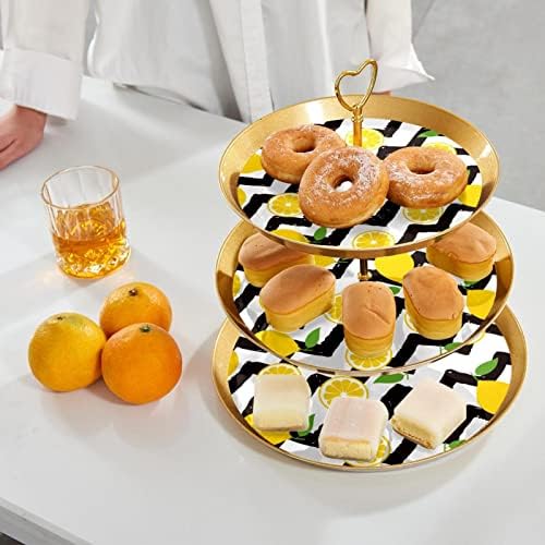 Turn de suport pentru cupcake de plastic cu 3 niveluri cu tavă de servire cu niveluri, copac turn de cupcake auriu, lămâie