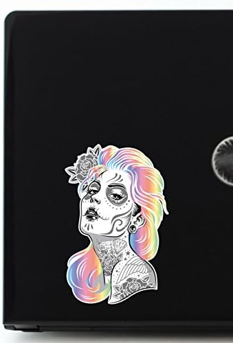 Sugar Skull Girl cu părul colorat - 5 inch Decal de culoare completă pentru MacBooks sau Laptopuri - Mândru în SUA din Vinil