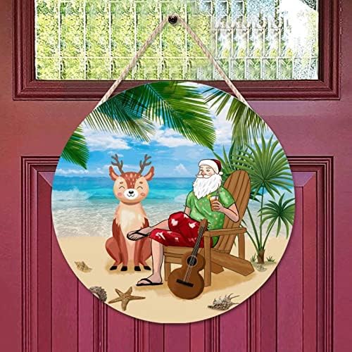 Semn de lemn Cheyan Santa Claus la plaja din lemn Semn pentru decorare ușă din față Palm Palm Hanging Farmhouse Porch Decor