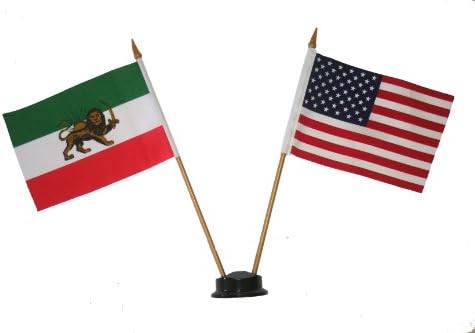 SUA și Iran Lion Persian Lion Small 4 x 6 inch Mini Double Country Stick Banner cu suport negru pe un stâlp de plastic de 10