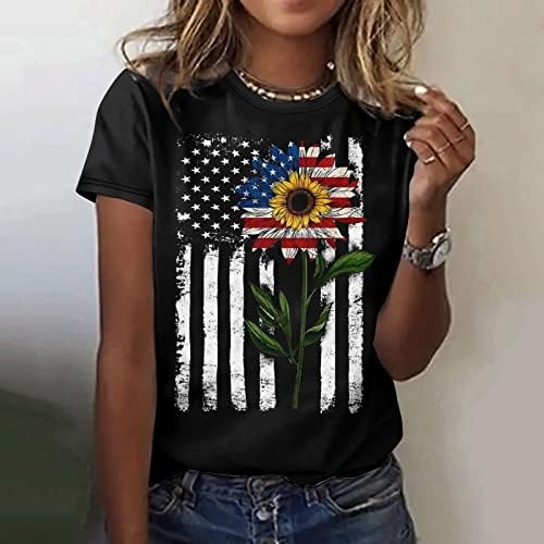 Fete Crewneck Cotton American Flag Floarea Sunului Floral Floral Bluză Grafică Tricouri pentru femei Fall 0s 0s 0s