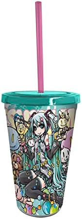 Abystyle Hatsune Miku Band 16 oz. Cupa de carnaval din plutile acrilice din plastic cu paie reutilizabilă și cu capac de scurgere,