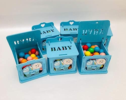 42pcs de cutii de lemn albastru pentru bebeluși, cadou unic de duș pentru bebeluși, cadou pentru băieți, favoare pentru duș
