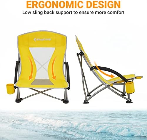 Scaune de plajă pliabile Kingcamp jos pentru adulți, scaun portabil ușor de sling cu tetiera, suport pentru cană, cotieră cu