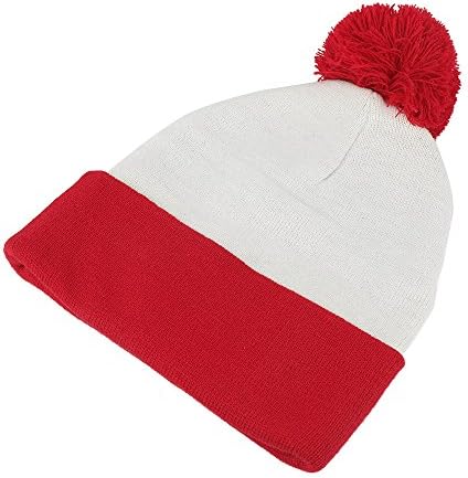 Pălărie de beanie cu manșetă roșie alb pom pom tricotat