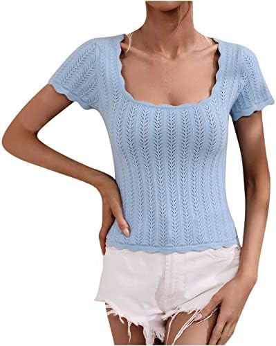 Femei Spring Spring Summer Square Tops Tops Tricotat Tricot cu mânecă scurtă Trimări Casual Color Solid Cămăși Bluză Bluză