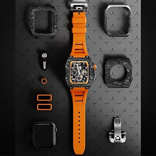 Curea de carcasă de carbon de lux Kanuz Set pentru Apple Watch 8 7 45mm 6 5 4 SE 44mm Band de cauciuc Kit de modificare DIY