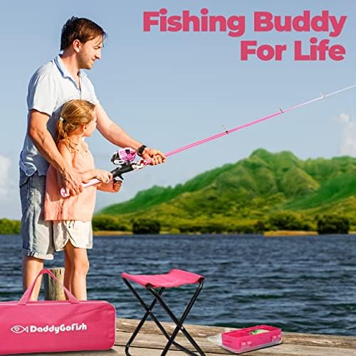 Pol de pescuit DaddyGofish pentru copii - Combo Telescopic Rod & Reel cu scaun pliabil, suport pentru tijă, cutie de atac, plasă de momeală și geantă pentru băieți și fete