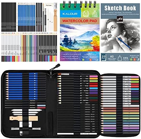 KALOUR 76 Drawing Sketching Kit Set - Pro Art Supplies with Sketchbook & amp; hârtie acuarelă-Include Tutorial, acuarelă ,