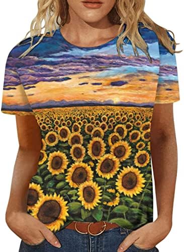 Doamnelor cu mânecă scurtă cu mânecă de bumbac crewneck barcă gât grafic floarea soarelui imprimeu floral casual tricou tricou