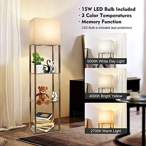 Runtop Plus - Lampa de podea cu rafturi, lampă de raft cu bec LED de 15 W, 3 culori, funcție de memorie, raft de afișare largă