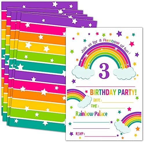 Ukebobo 3rd Rainbow Birthday Party Invitații cu plicuri-Invitații pentru petreceri de naștere, decorațiuni pentru petreceri