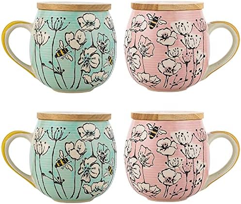 Căni de cafea din ceramică Taimei Teatime cu capac Set de căni mari de cafea de 4, 16,9 fl oz cu model floral și albină vopsit