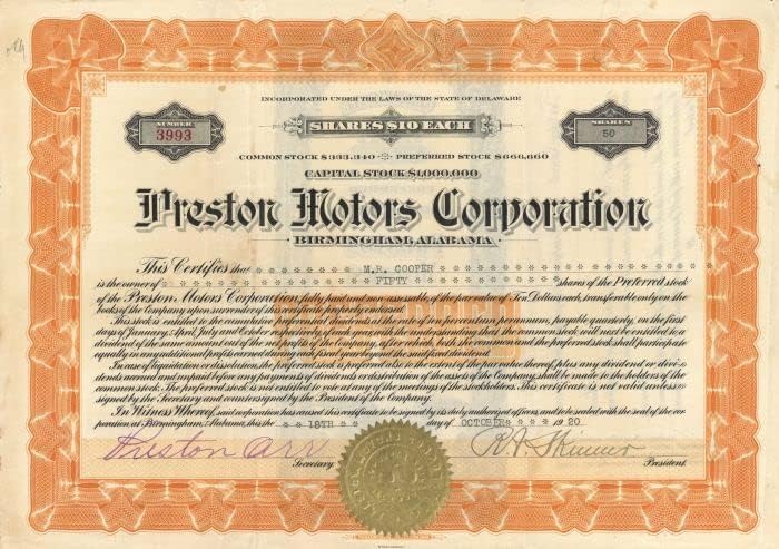 Preston Motors Corporation-Certificat De Stoc