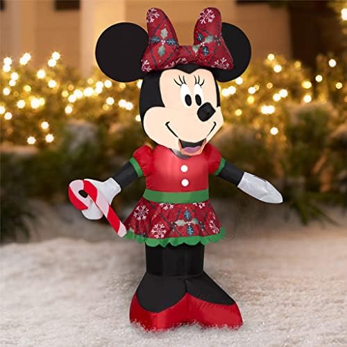 Gemmy 3,5 Picioare. Minnie gonflabilă de Crăciun îmbrăcată în fusta ei de Crăciun cu fundă de Crăciun și o bomboană Decorațiuni