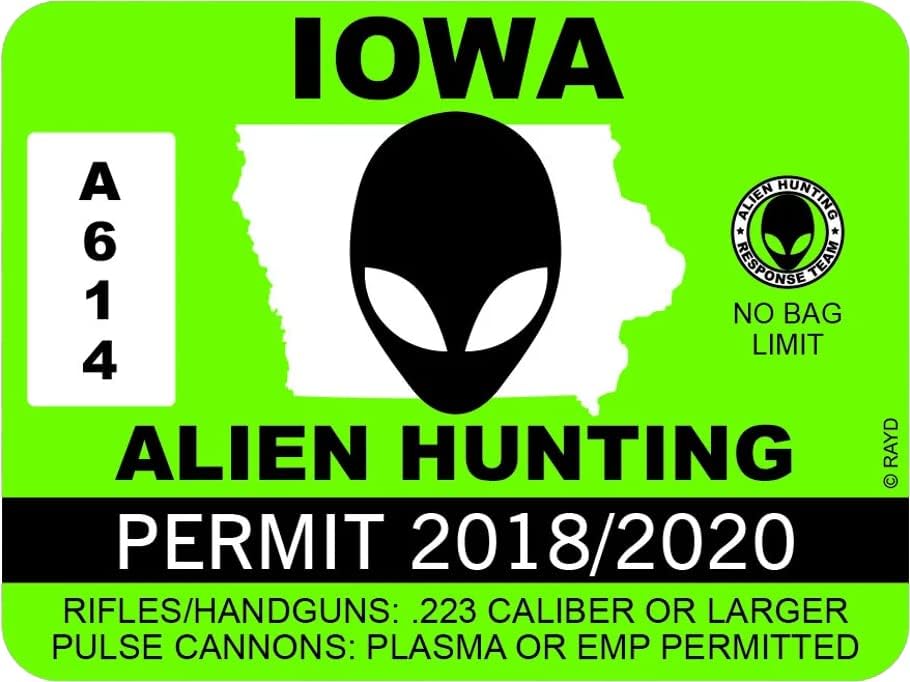 Iowa Alien Hunting Permit Autocolant Vinil auto -adeziv OZN IA - C1018 - 6 inci sau 15 centimetri Dimensiune decal