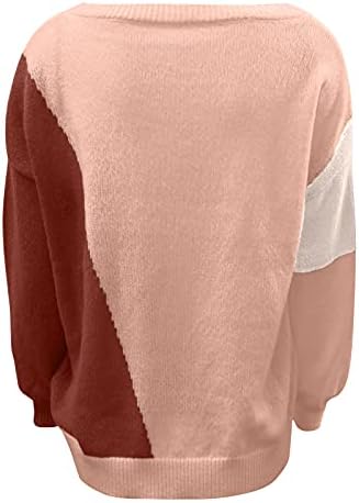 QXDLDHT Pulover tricotat pentru femei Bloc de culoare neregulată Blocă de culoare off-umăr Bluză liberă SHERPA PLOVOVE HANKERIE