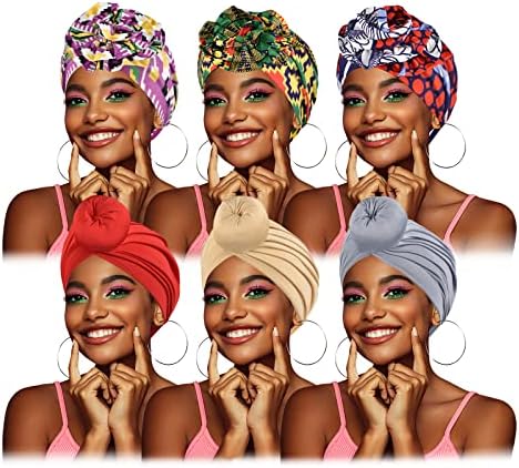 Atamet 6 piese cap African Wraps pentru femei, nod pre-legat Turban Bonnet beanie Cap, negru femei pălării tinuta moda