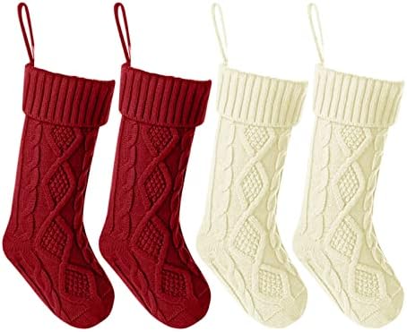 Clasic 4 Pack Tricot Crăciun ciorapi tricotate ciorapi decoratiuni Rustic Farmhouse stocare pentru familie Vacanță sezon Fildeș