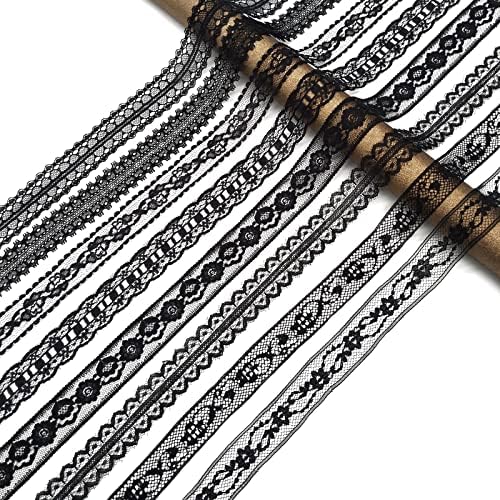 Tinwin Black Cusut Dantelă 8 Stiluri diferite de lățime de Eyelet Lace Lace Roll Roll Non-întindere pentru meșteșuguri și DIY