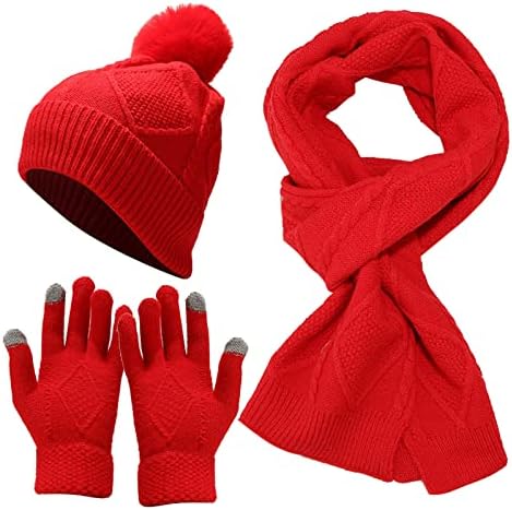 Pălărie de pălărie caldă de pălărie caldă cu mănuși pentru adulți, eșarfă tricotată seturi de ciclism de iarnă pentru femei