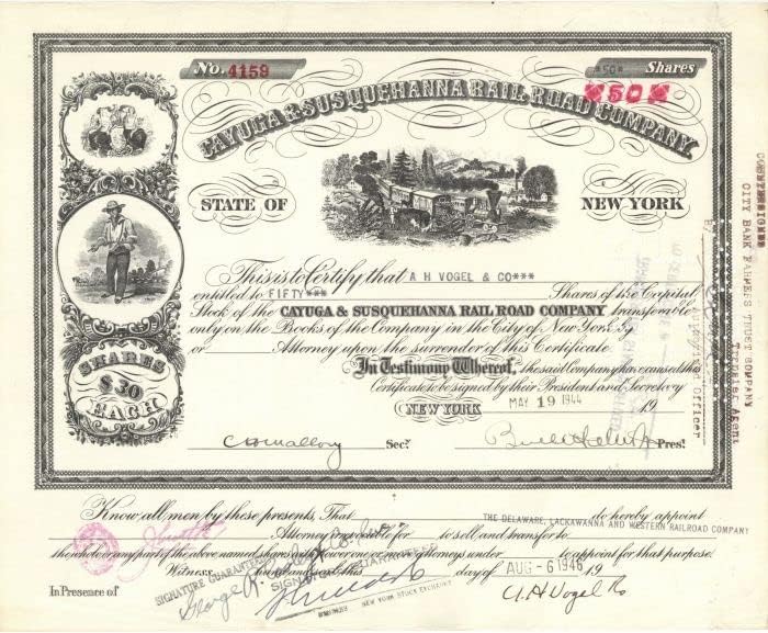 Cayuga și Susquehanna Railroad Co. - Certificat De Stoc