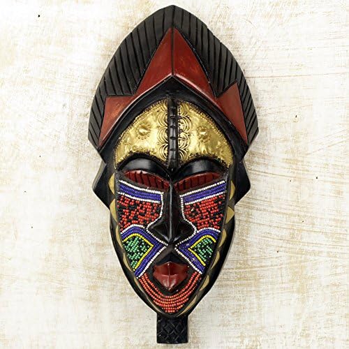 Novica Brass Brass Glass Ghanaian Mask, multicolor „Ayomide II”