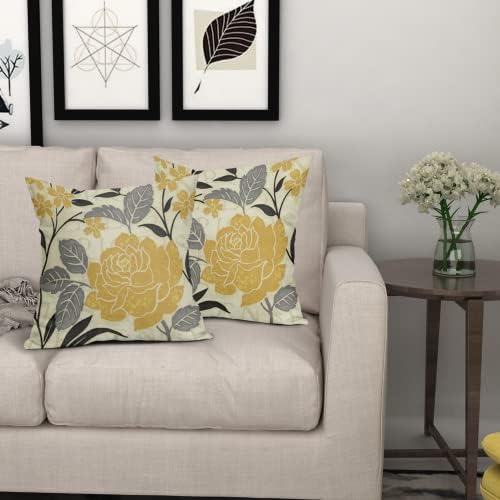 Kawani Grey and Yellow Flower Pillow Huse 18x18 Set de 2 muștar Galben Pernă, moale Decorativ Arcul de Spălător În aer liber,