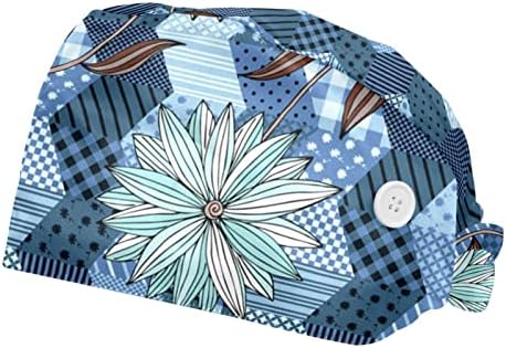 Capac de lucru reglabil cu buton și bandă de transpirație, 2 pachete pălării de scrub bouffant, dungă colorată cu flori unisex CAPE chirurgicală