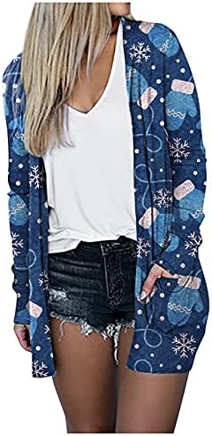 Buzunare cu imprimeu de Crăciun pentru femei Outwear V-Neck Cardigan Coat cu mânecă lungă Fashion Casual Casm Slim Outwear