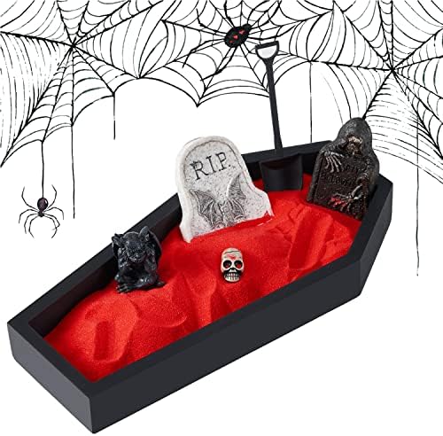 Kit de grădină coffin zen pentru birou, decor gothic înfiorător de cameră, cadouri înfricoșătoare pentru femeile cu 7 accesorii pentru decorațiuni la birou, incluse în formă de sicriu care servește tavă Red Sand mini craniu Gargoyle 2tombstones