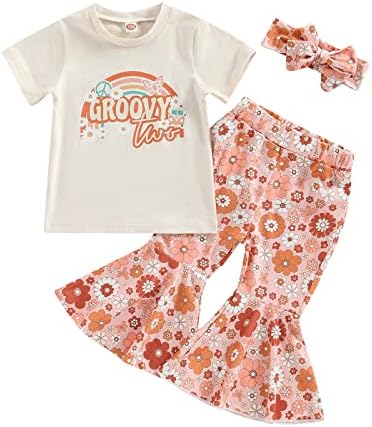 Gulirifei Toddler pentru fete pentru copii Outfituri de vară cu scrisoare groovy tipărit tricouri cu mânecă scurtă topuri florale pantaloni de flacări set gemeni