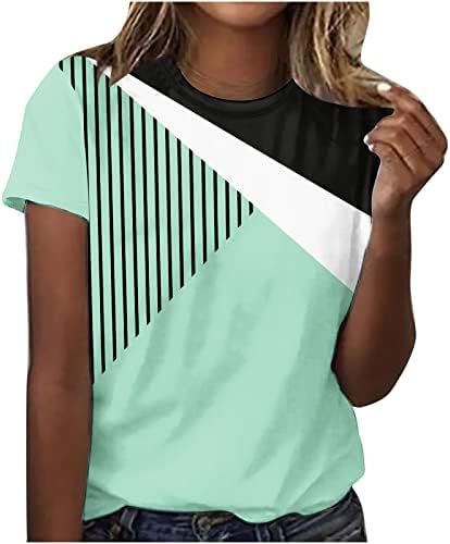 Femei Fashion Color Color Block Tricou cu dungi Creneck cu mânecă scurtă cu mânecă scurtă, casual, blaturi de tee
