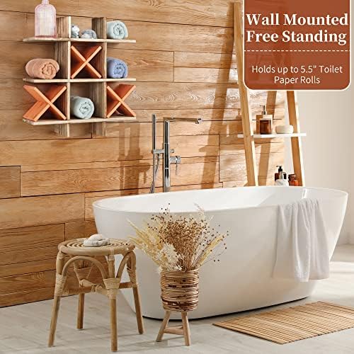 Hombys Tic Tac Toe Toe Toilet Paper pentru baie, rafturi rustice de depozitare din lemn pentru țesutul toaletei în culoare maro în dificultate, rafturi de baie independente sau de pe perete pentru decorul tău de fermă