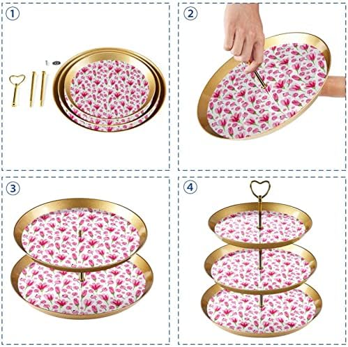 Afișare pentru patiserie cu 3 tavă rotundă cu 3 niveluri, roz Flori Pattern Cupcake Tower Tree Arbore, pentru desert Stand