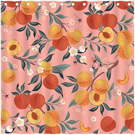 Cortină de duș de piersică, fructe roz drăguțe portocalii Peach Flower Flower Frunze de duș colorat Set pentru baie, Allver