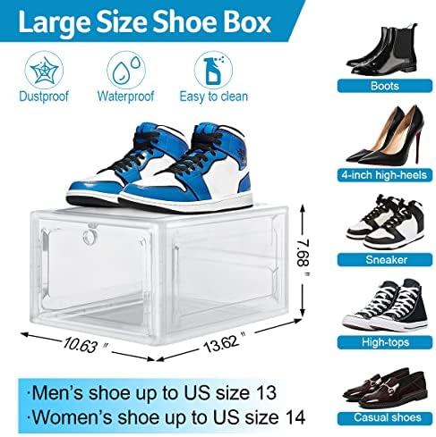Cutii de încălțăminte Avarmora Plastic clar Stackable, 6 pachete cutii de încălțăminte față cu ușă tare acrilică magnetică, cutii de depozitare a pantofilor XL pentru adidași de afișare, potriviți -vă până la SUA dimensiunea 13