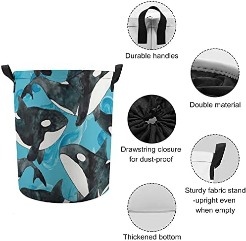 Acuarelă Orcas Rotund Saci De Rufe Impermeabil Împiedică Coș De Depozitare Cu Mânere Și Șnur Capac De Închidere