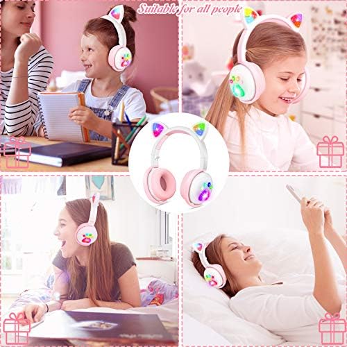 Căști pentru copii, LED -uri pentru urechi wireless pentru pisici luminați căști Bluetooth pentru fete cu microfon, pe căști
