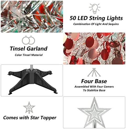 Surcvio 5ft Pop Up Christmas Tinsel Tree cu 2 moduri 50 de lumini LED și ornamente de paiete colorate, asamblare ușoară și