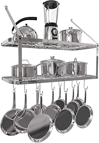 VDomus Pot and Pan Tail Rack, bucătărie montată Storvdomus Shelft Pot și raft de tigaie - suport pentru oală suspendată pentru depozitare și organizare a bucătăriei - raft de perete cu 2 niveluri de argint pentru vase și tigăi depozitare