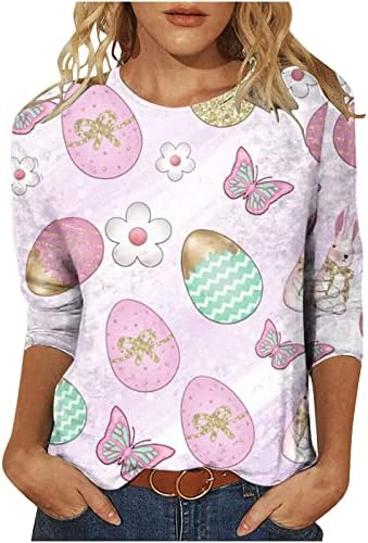 Fete adolescente bluză bluză grafică tricouri 3/4 mânecă echipaj gât spandex fericit ou de Paște cadou brunch bluză 2023 yo
