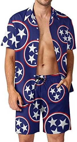 American Tennessee Flag Flag pentru bărbați din 2 piese Outfituri de pe plajă Button Hawaiian în jos, cămașă cu mânecă scurtă și pantaloni scurți