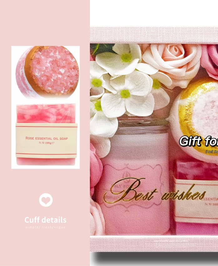 Coșuri cadou Duuey Spa pentru femei - Set de îngrijire de sine cu lumânări parfumate roz, trandafiri de baie parfumate pentru
