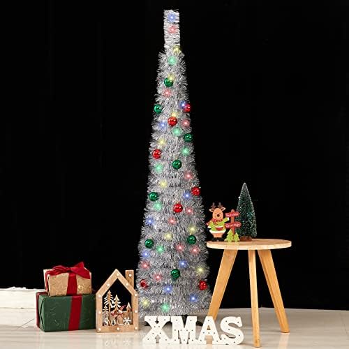 Arbore de tinsel de Crăciun de 5 ft, copac pop -up pliabil argintiu cu 15 lumini colorate și 15 ornamente cu bile, copac creion