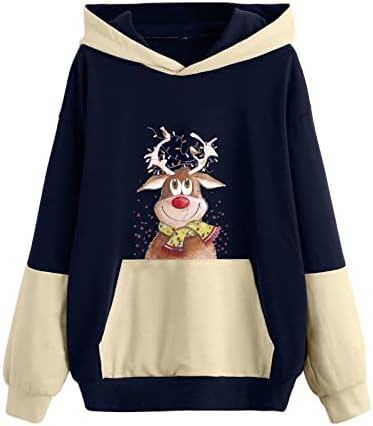HOKSML Hoodies for Women 2022 Christmas Elk Imprimare Colorblock Patchwork cu mânecă lungă pulovere pulover de coșuri de top cald