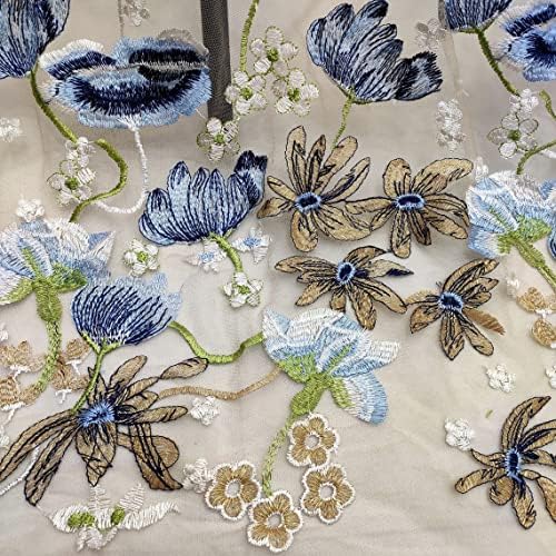 Țesătură din dantelă florală de 51 Lățime de broderie florală, țesătură din dantelă maro cu albastru bleumarin și maro flori